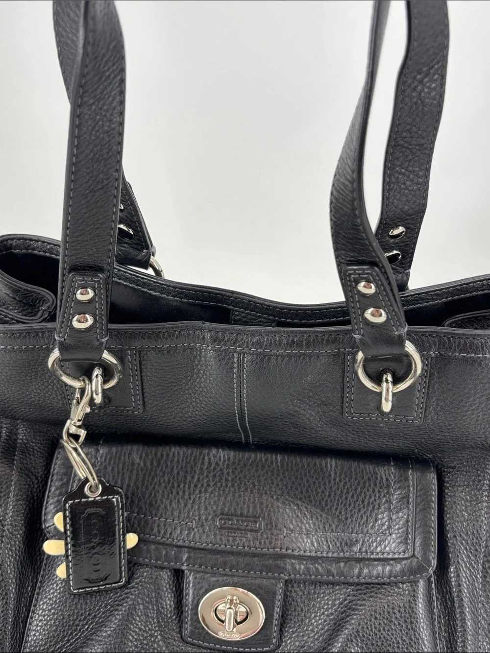 Coach Penelope Black Pebbled Leather‎ Shoulder Tote with Daisy Charm